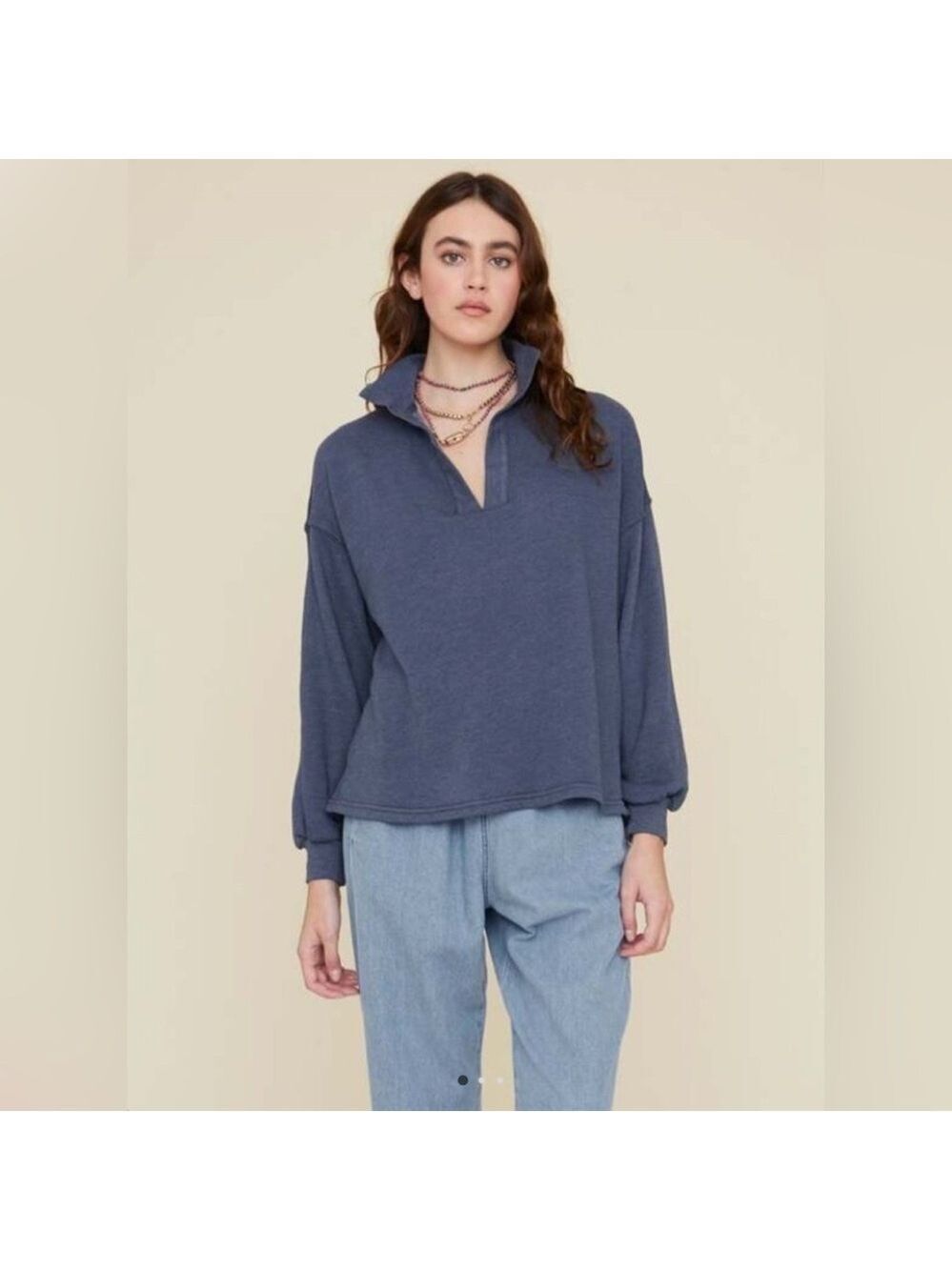 Xirena Reid Split Collar Vee Neck Sweatshirt SZ M Hudson Blue
